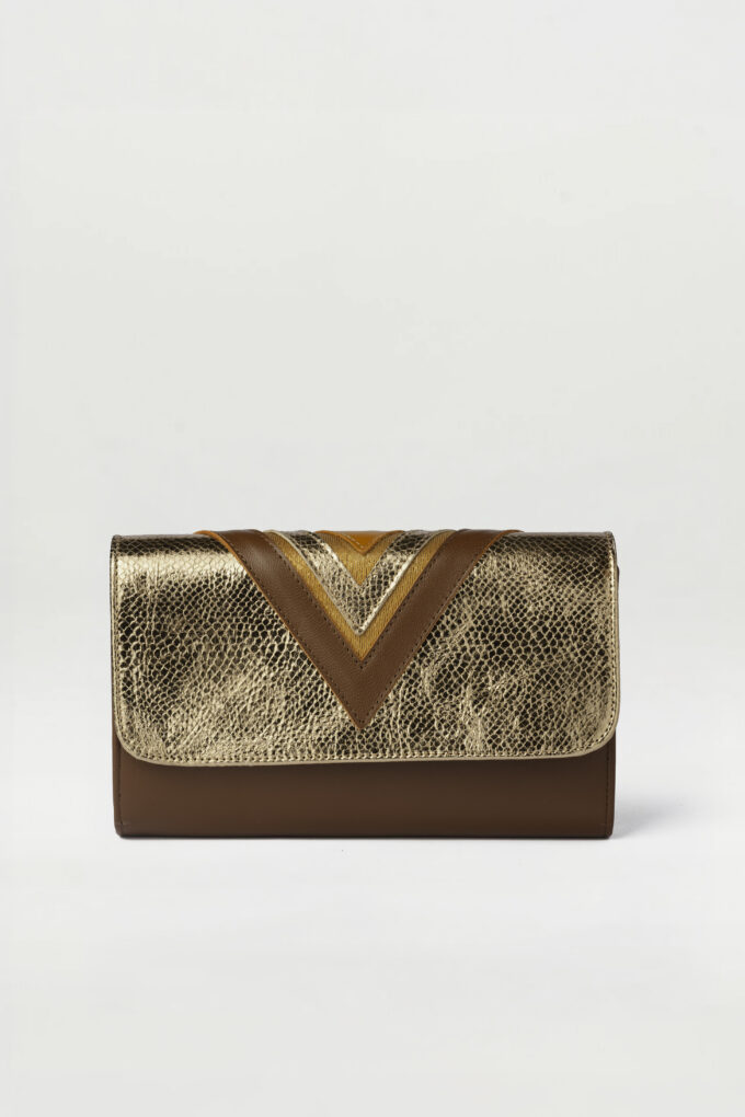 Bolso Tresse oro Antiguo Brillo elaphe marron